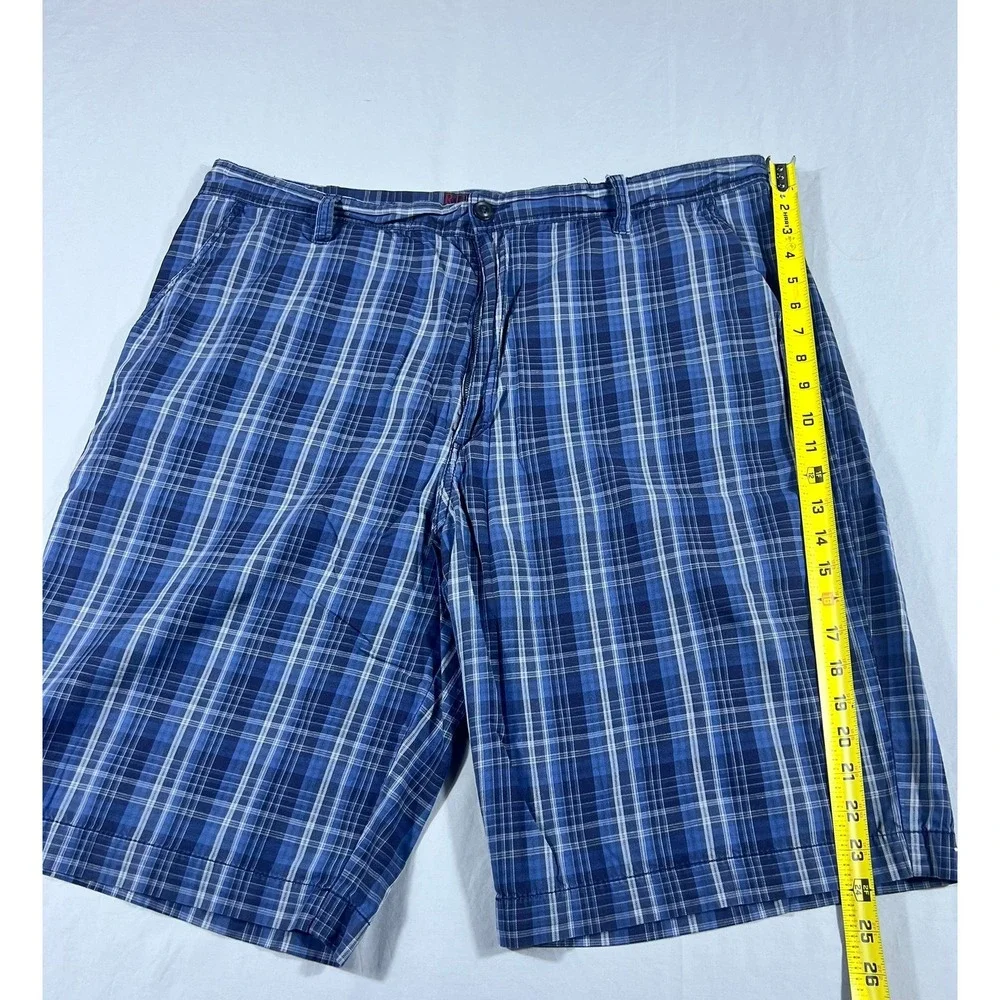 Reunion Men's Blue Plaid Flat Front Cotton Shorts Size 42